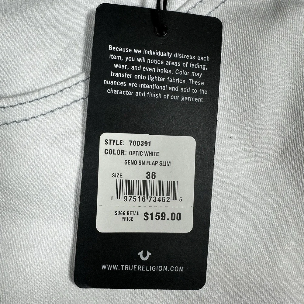 NEW True Religion Jeans Mens 36x32 (Fits 38) White Denim Geno Relaxed Slim $159